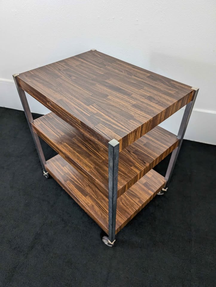 MCM Chrome & Faux Walnut 3 Tiered Rolling Cart