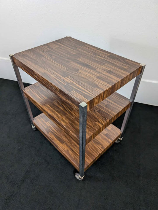 MCM Chrome & Faux Walnut 3 Tiered Rolling Cart