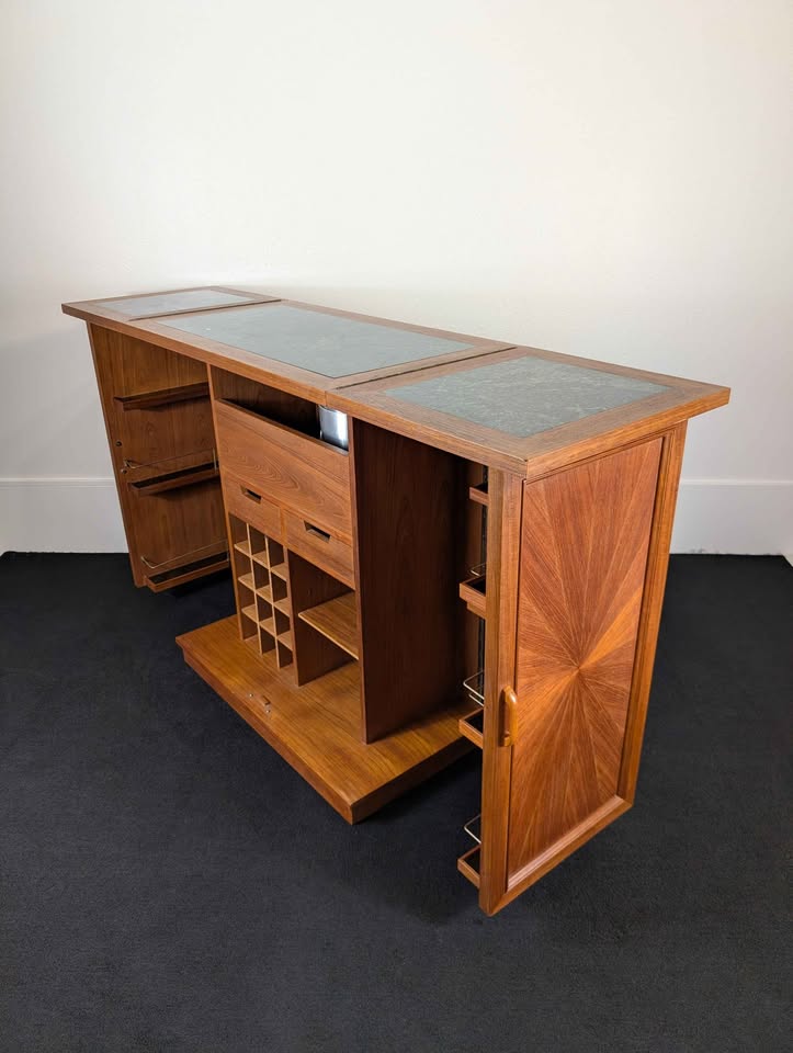 Vintage MCM Expanding Teak Starburst Bar Cabinet