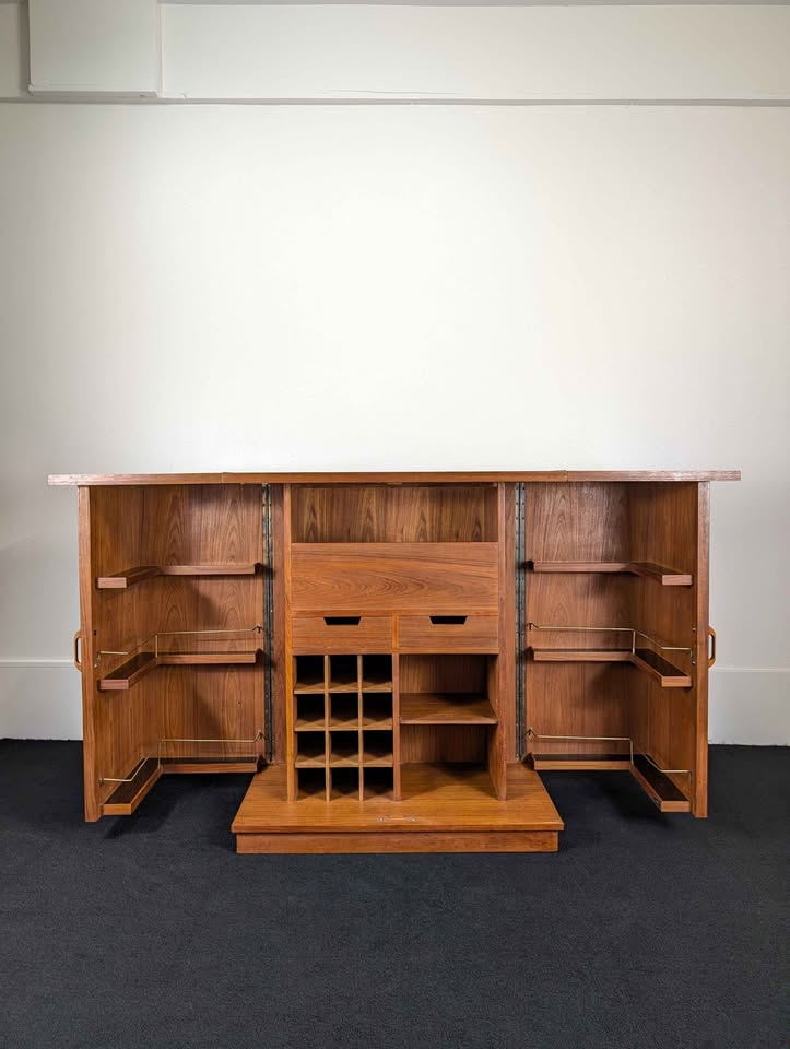 Vintage MCM Expanding Teak Starburst Bar Cabinet