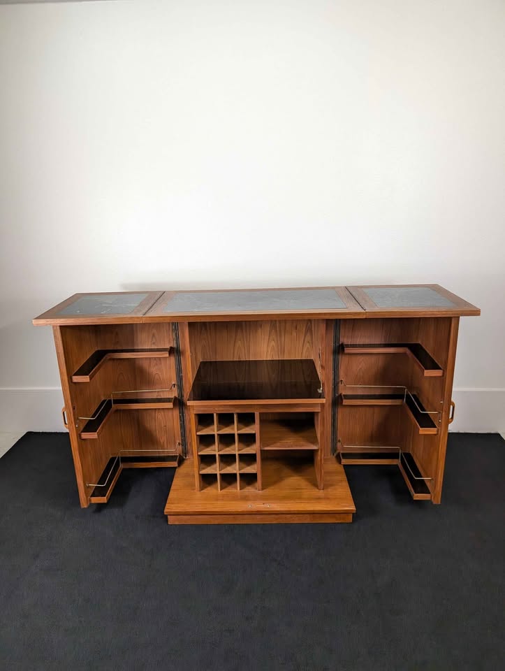 Vintage MCM Expanding Teak Starburst Bar Cabinet