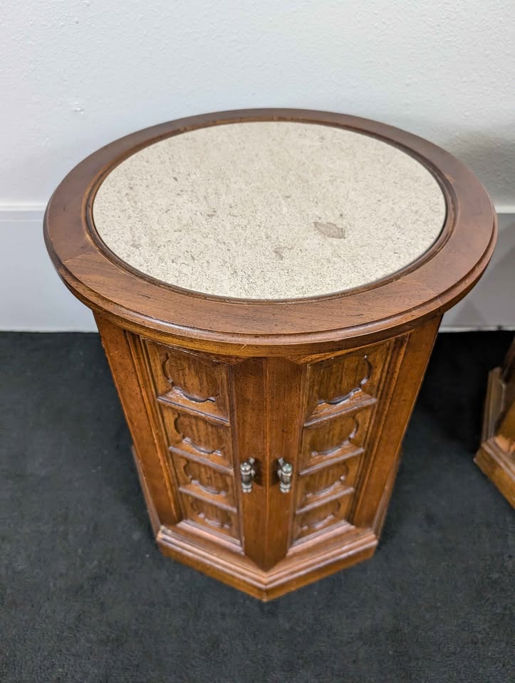 MCM Pair of Round Travertine Top Walnut Drum Tables