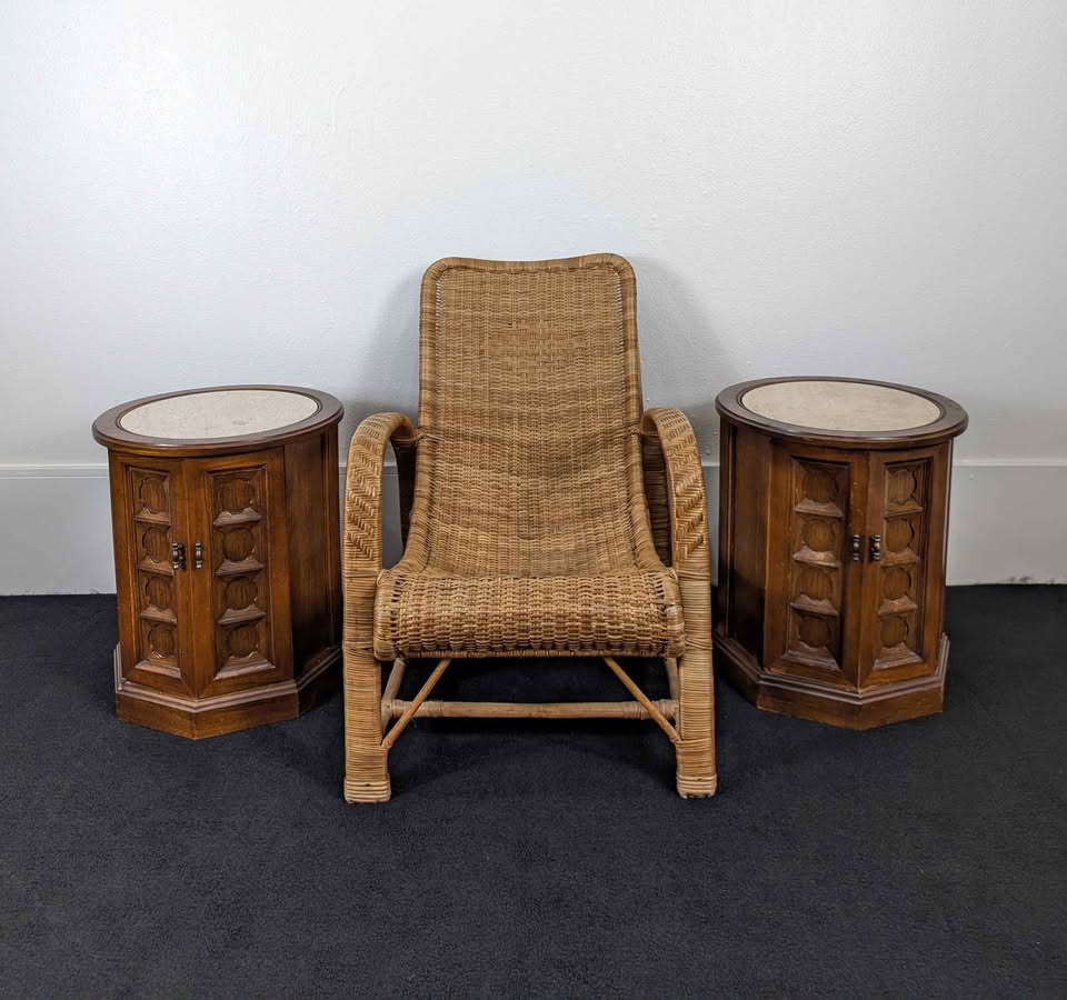 MCM Pair of Round Travertine Top Walnut Drum Tables