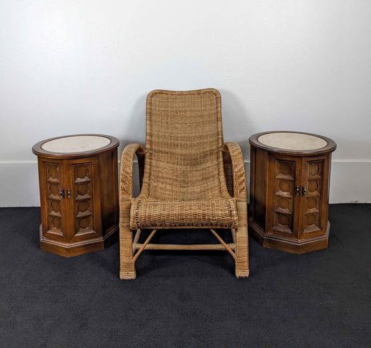 MCM Pair of Round Travertine Top Walnut Drum Tables