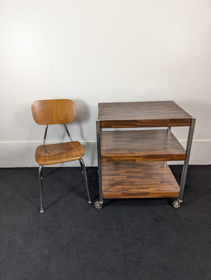 MCM Chrome & Faux Walnut 3 Tiered Rolling Cart