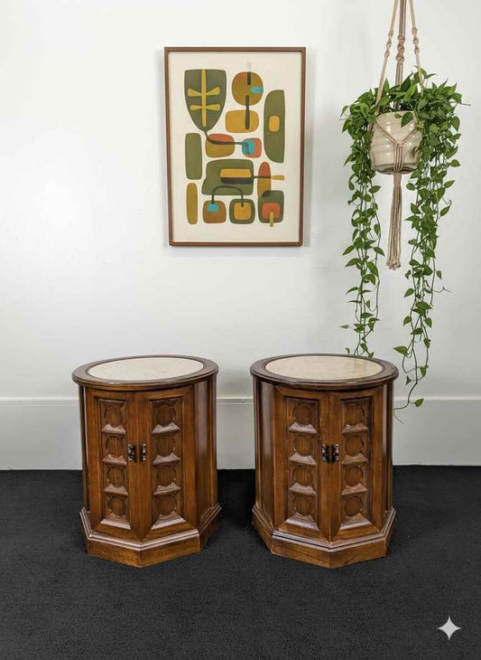MCM Pair of Round Travertine Top Walnut Drum Tables