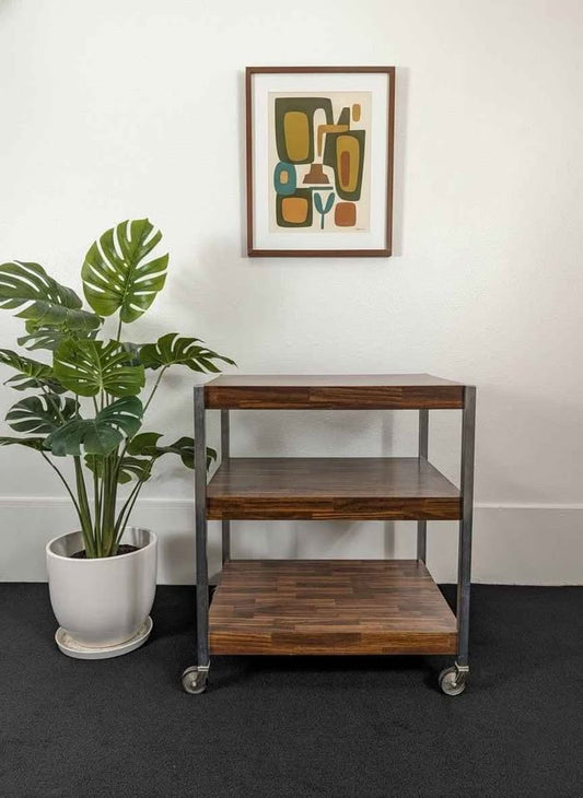 MCM Chrome & Faux Walnut 3 Tiered Rolling Cart