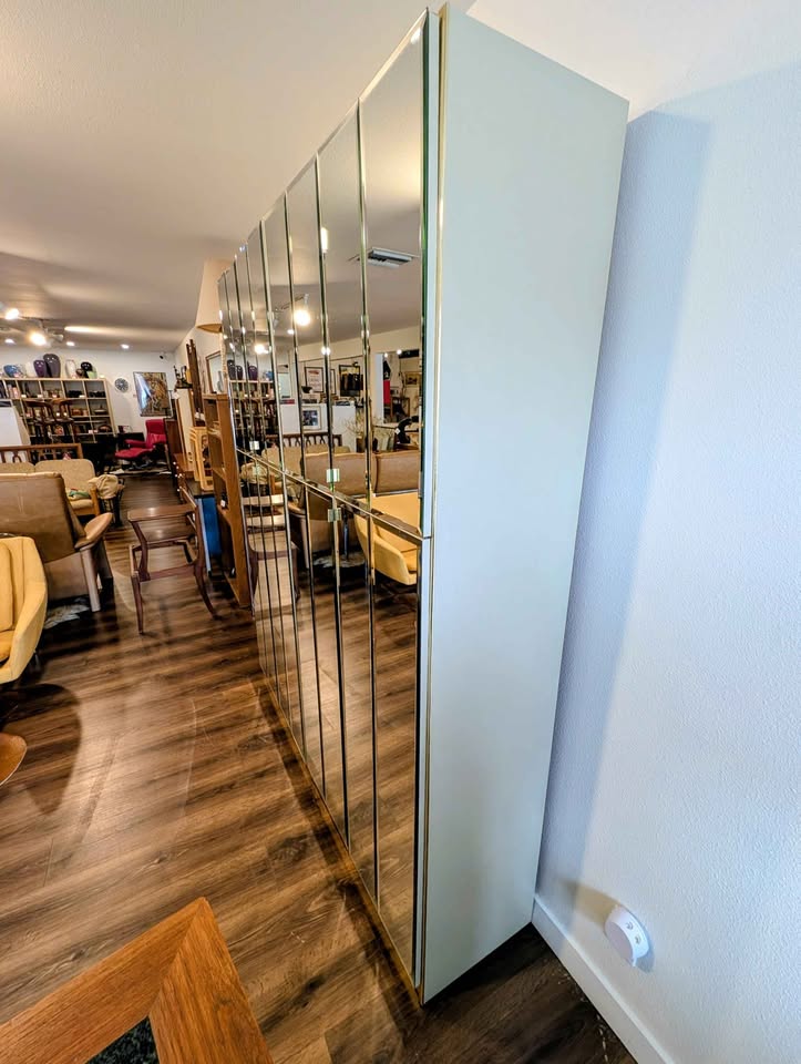 Large Vintage Mirrored Wall Unit w/ Brass Accents by Mobilia