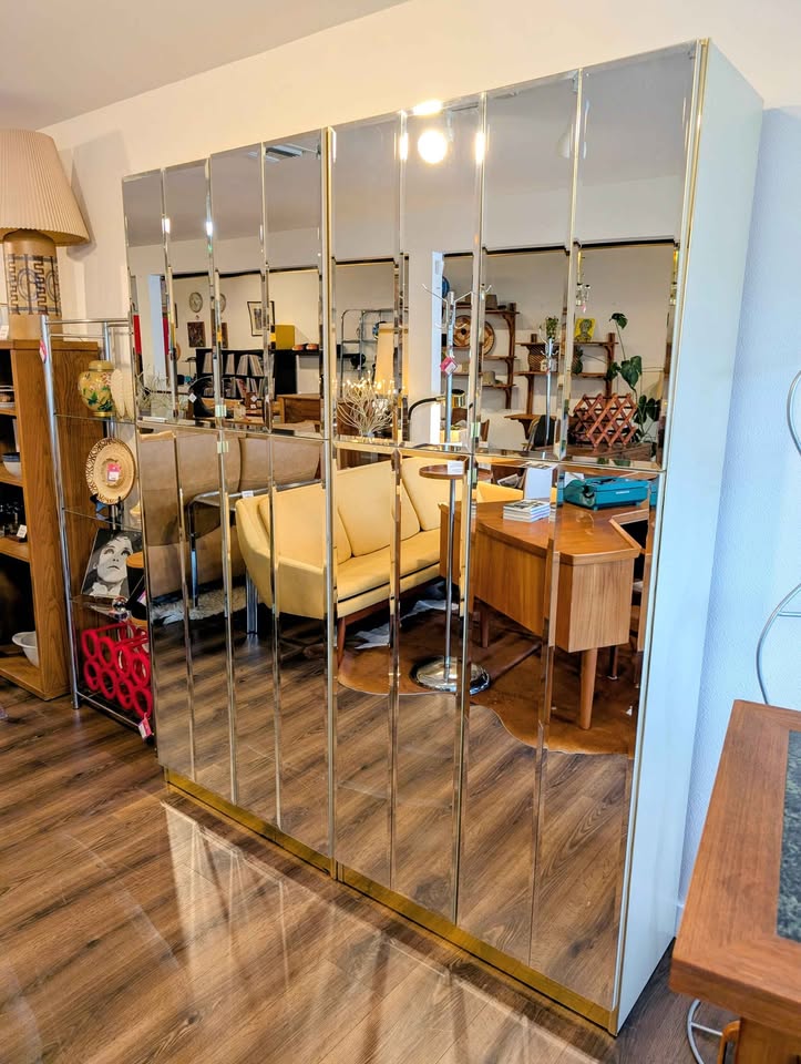 Large Vintage Mirrored Wall Unit w/ Brass Accents by Mobilia