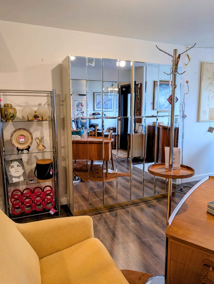 Large Vintage Mirrored Wall Unit w/ Brass Accents by Mobilia