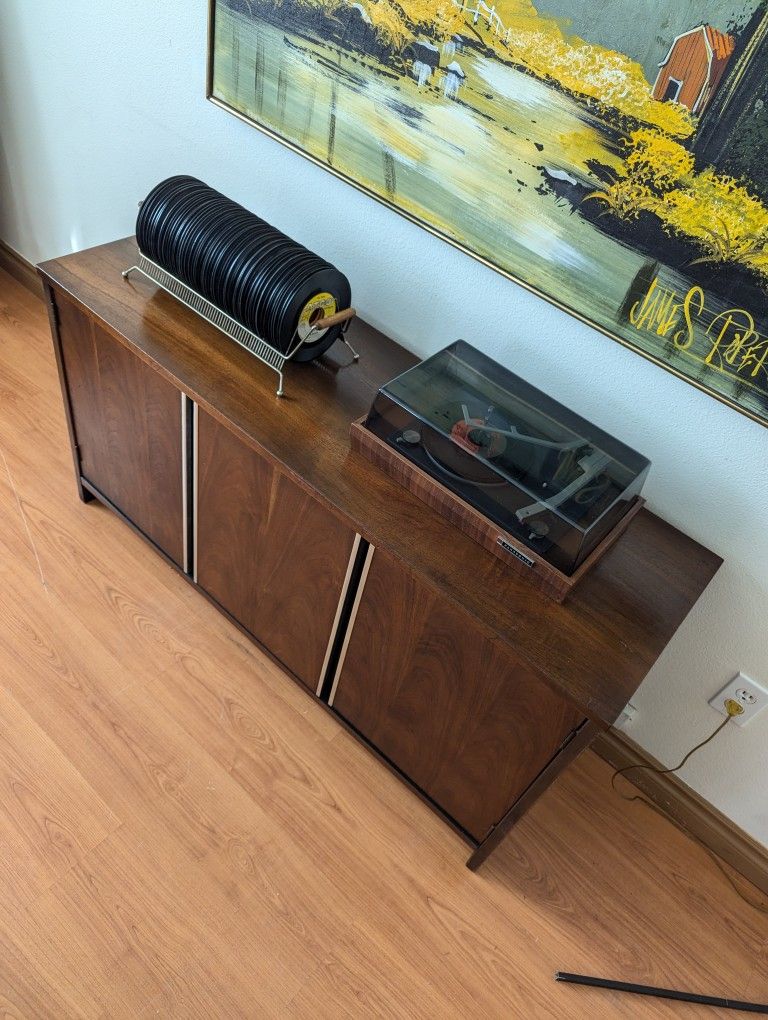 Mid Century Modern Walnut & Chrome Record Cabinet Credenza