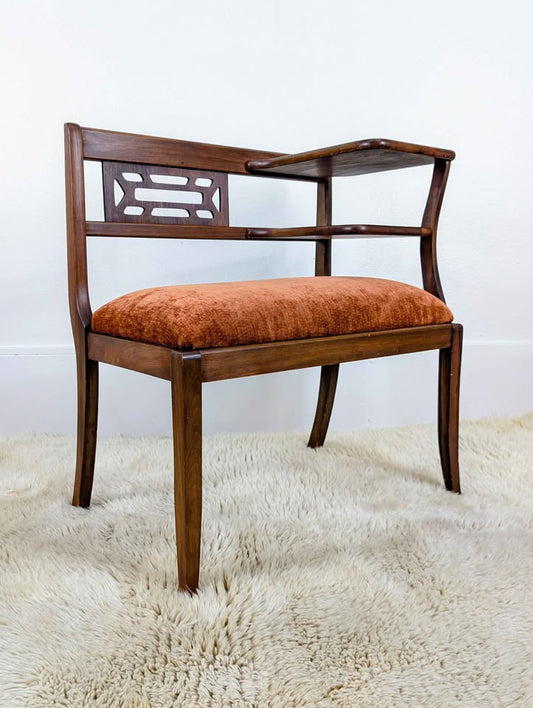 MCM Walnut & Orange Velvet Telephone Gossip Bench