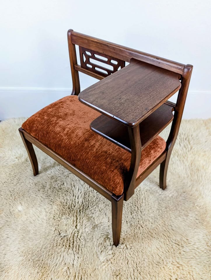 MCM Walnut & Orange Velvet Telephone Gossip Bench