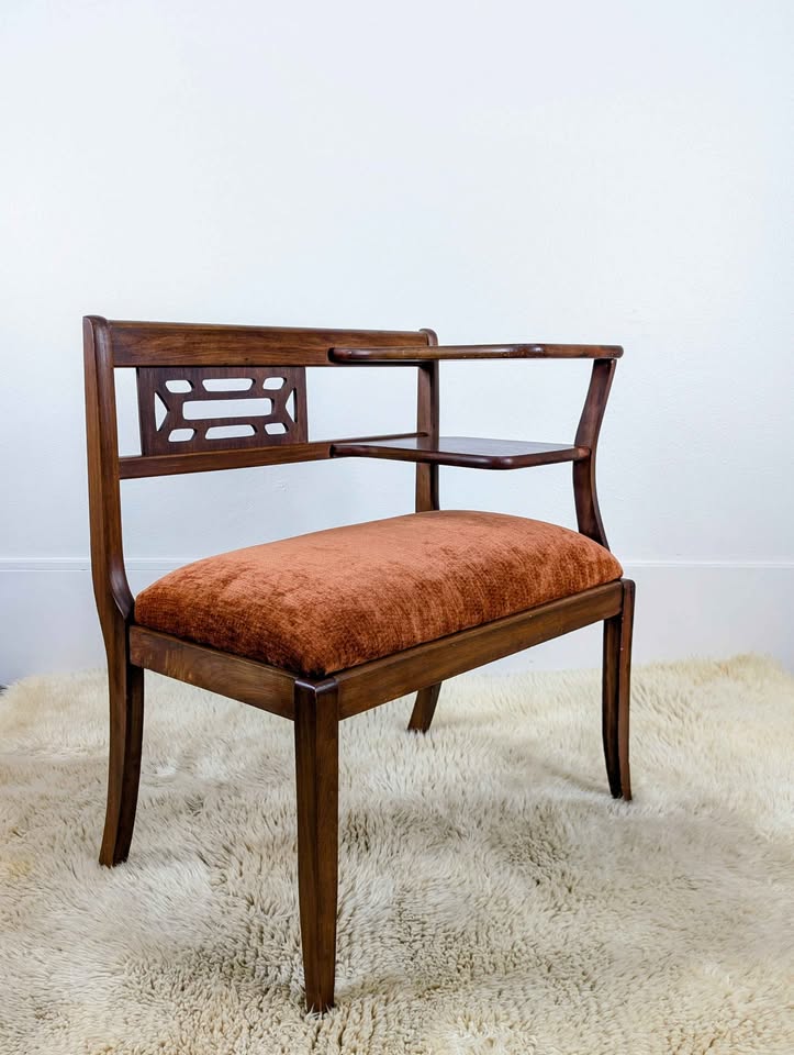 MCM Walnut & Orange Velvet Telephone Gossip Bench