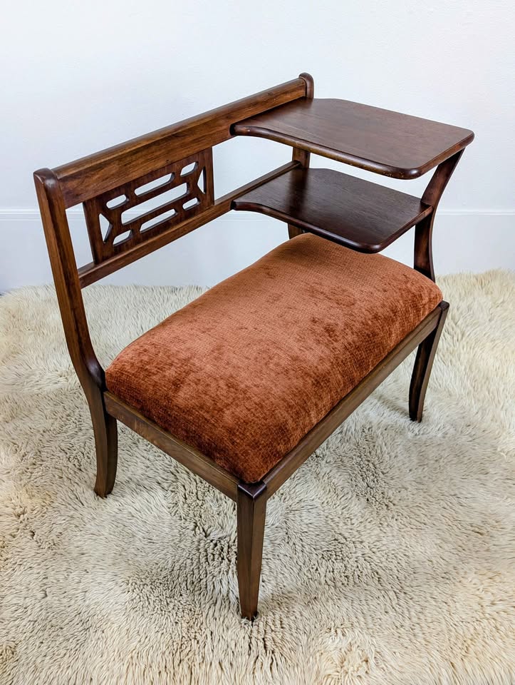 MCM Walnut & Orange Velvet Telephone Gossip Bench