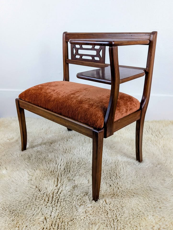 MCM Walnut & Orange Velvet Telephone Gossip Bench