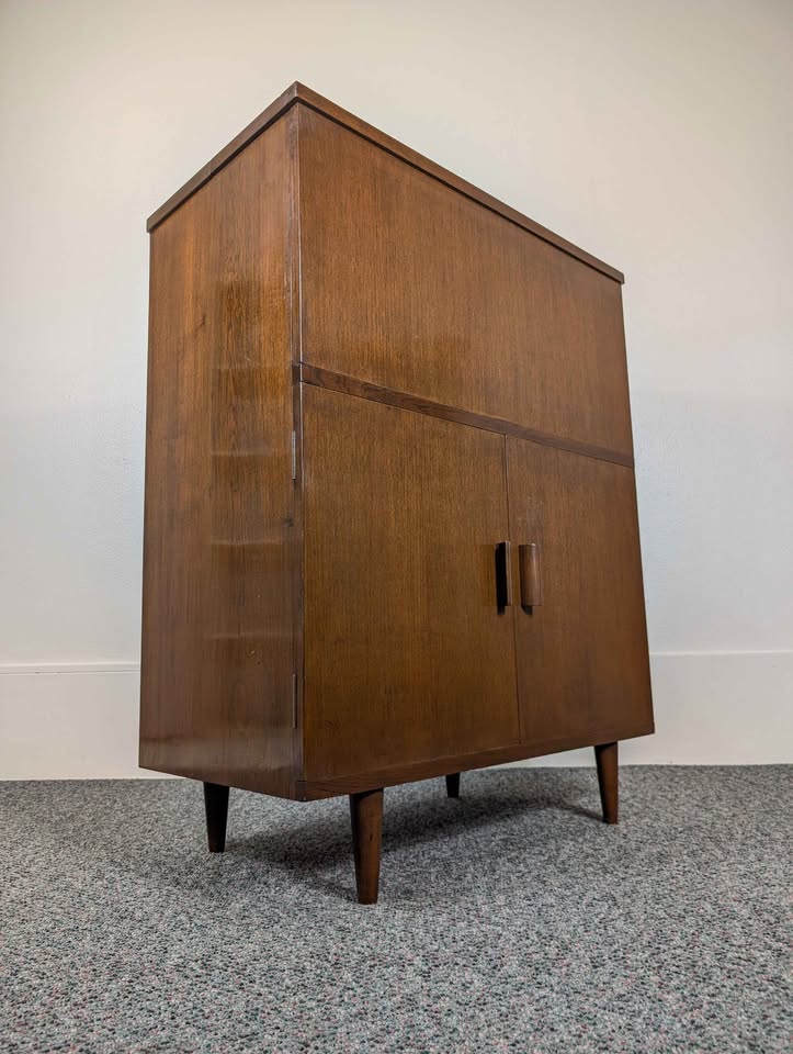 Mid Century Modern Walnut Light Up Bar Cabinet