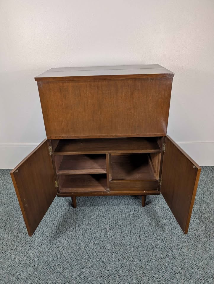 Mid Century Modern Walnut Light Up Bar Cabinet