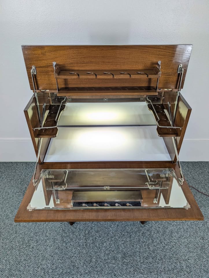 Mid Century Modern Walnut Light Up Bar Cabinet