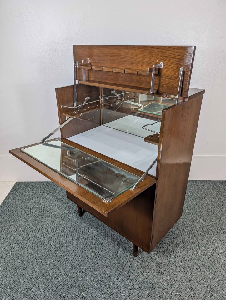Mid Century Modern Walnut Light Up Bar Cabinet