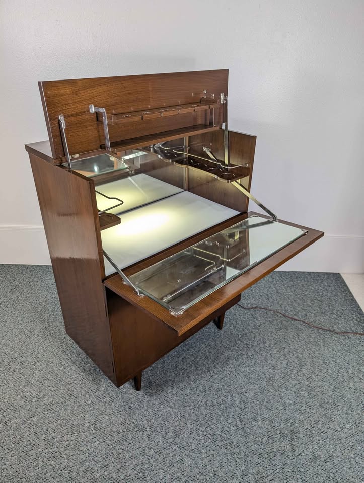 Mid Century Modern Walnut Light Up Bar Cabinet
