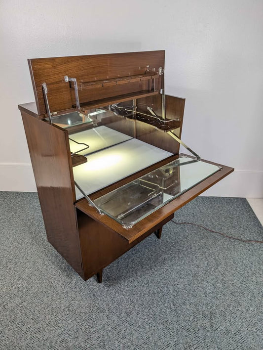 Mid Century Modern Walnut Light Up Bar Cabinet