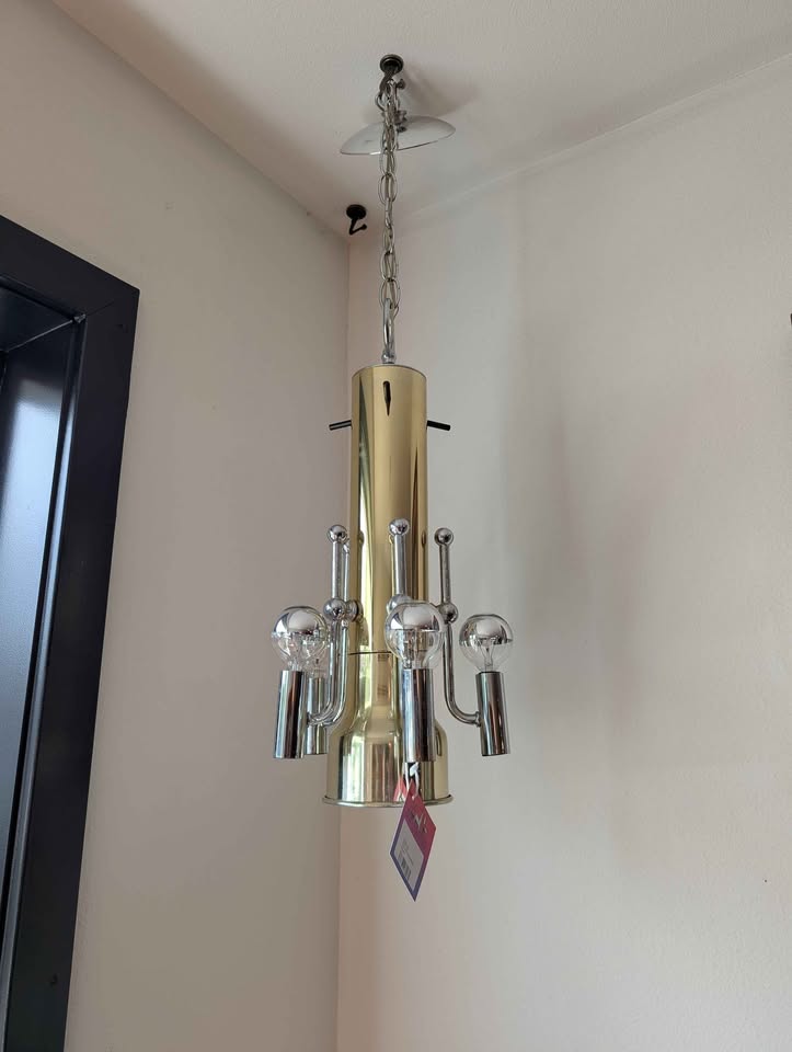 MCM Brass & Chrome Swag Light Chandelier by LA Lighting