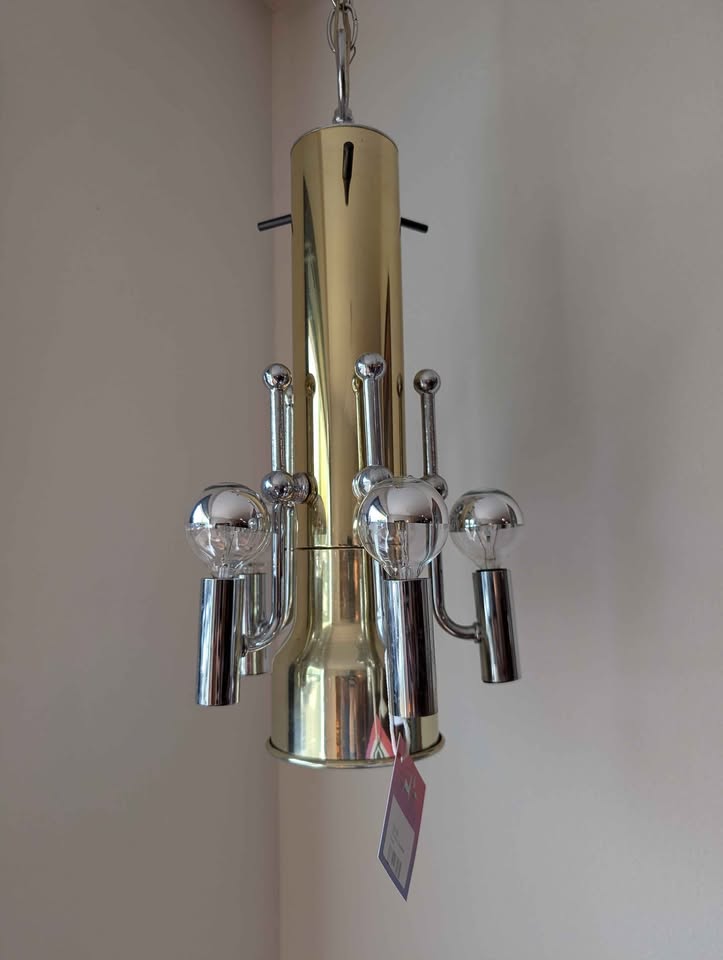 MCM Brass & Chrome Swag Light Chandelier by LA Lighting