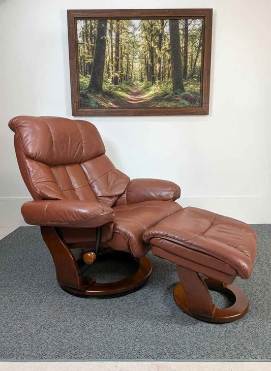 Brown Leather Stressless Style Recliner & Ottoman by Benchmaster