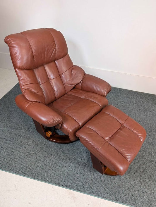 Brown Leather Stressless Style Recliner & Ottoman by Benchmaster