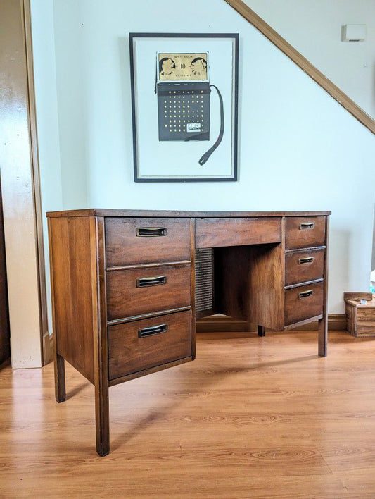 Vintage MCM Solid Walnut & Caned Back Desk w/ Laminate Top