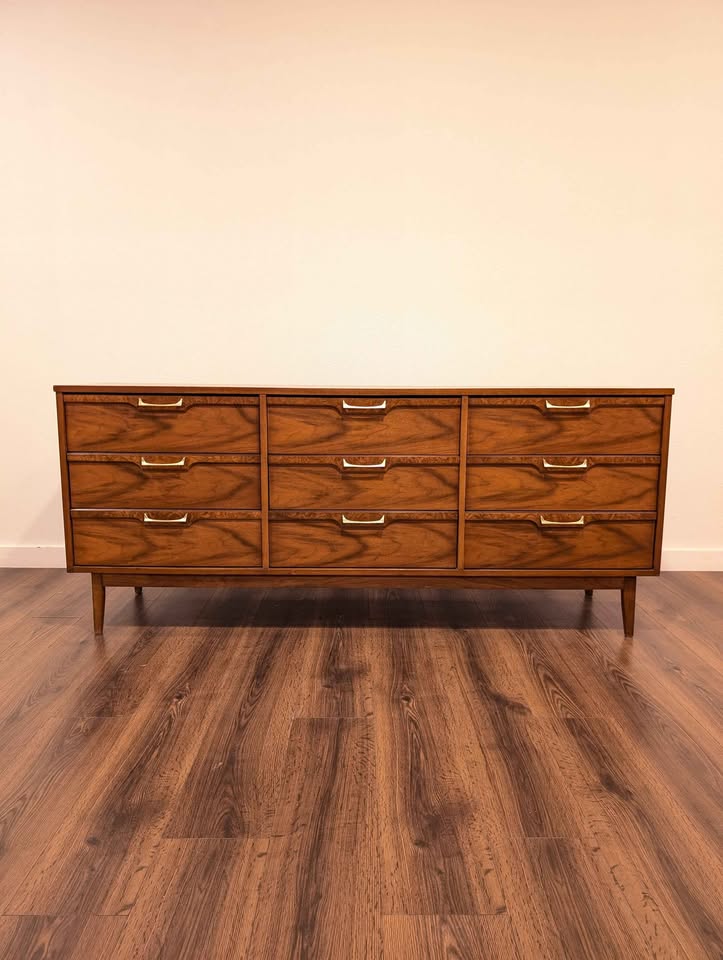 MCM American Walnut 9 Drawer Lowboy Dresser by Broyhill Lenoir