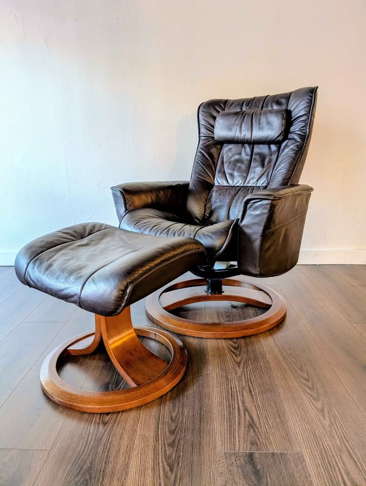 Small Scandinavian Brown Leather Lounge Chair & Ottoman by IMG