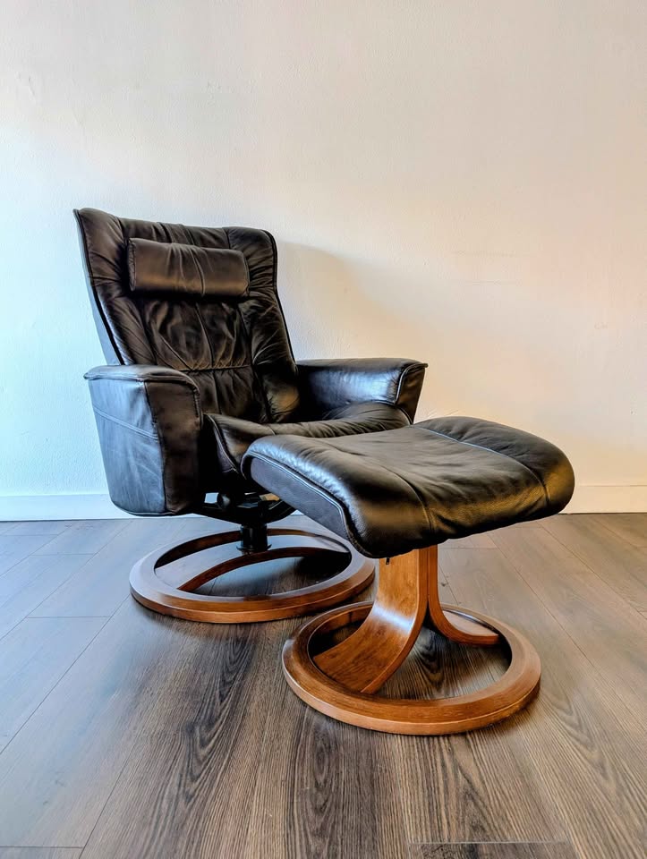 Small Scandinavian Brown Leather Lounge Chair & Ottoman by IMG