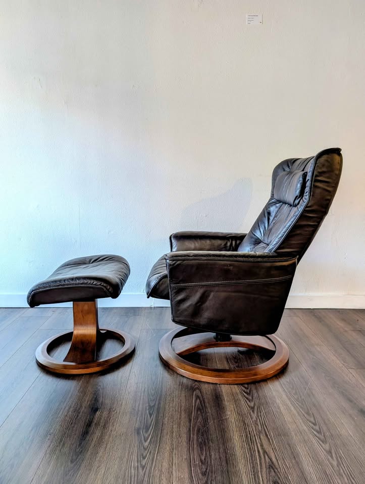 Small Scandinavian Brown Leather Lounge Chair & Ottoman by IMG