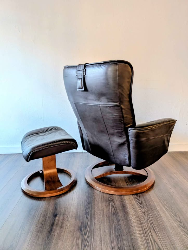 Small Scandinavian Brown Leather Lounge Chair & Ottoman by IMG