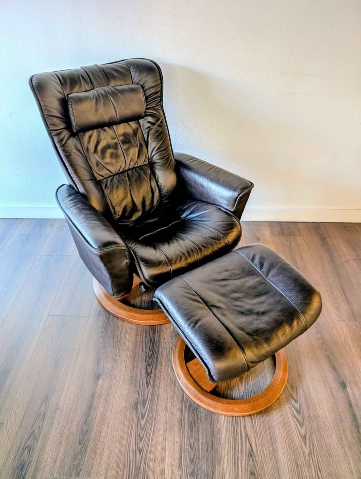 Small Scandinavian Brown Leather Lounge Chair & Ottoman by IMG