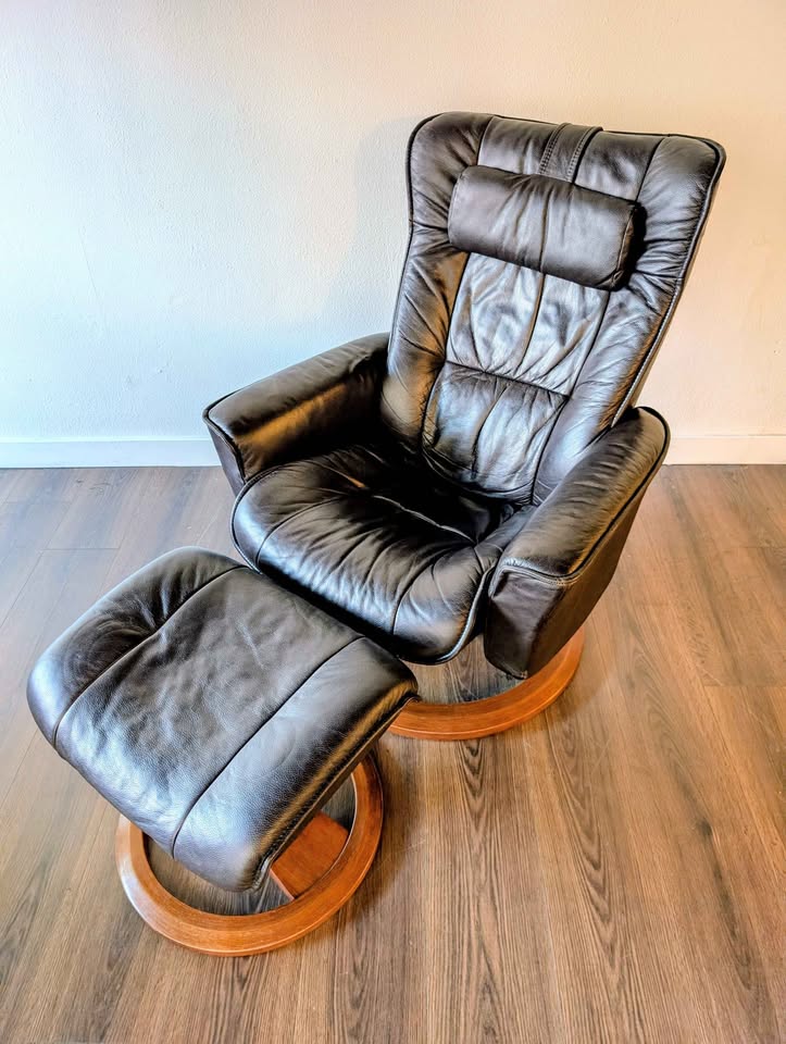 Small Scandinavian Brown Leather Lounge Chair & Ottoman by IMG