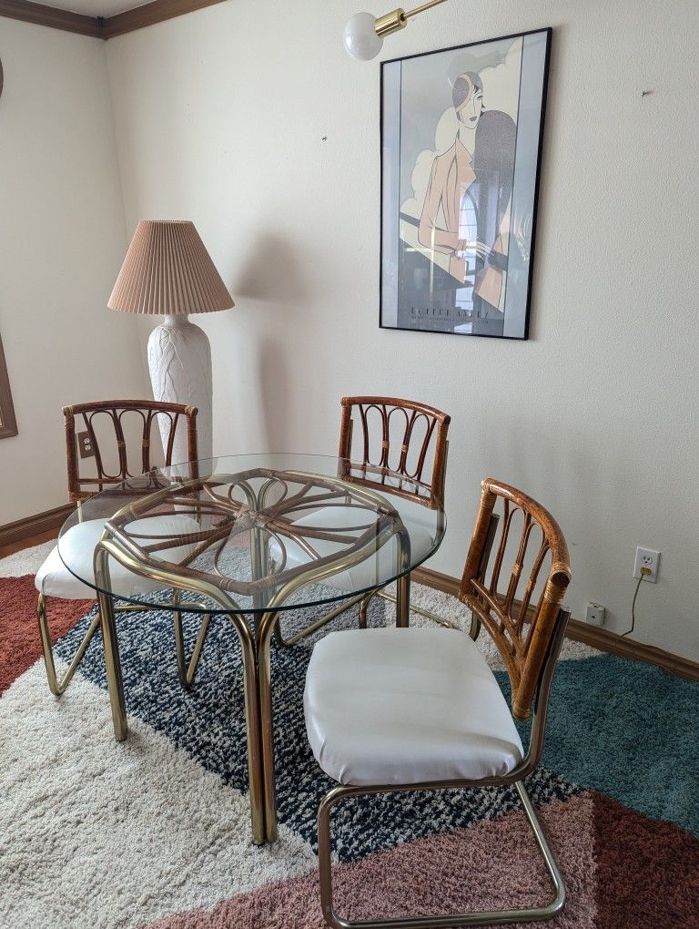 Vintage Cantilevered Brass & Bamboo Postmodern Dining Set w/ 4 Chairs