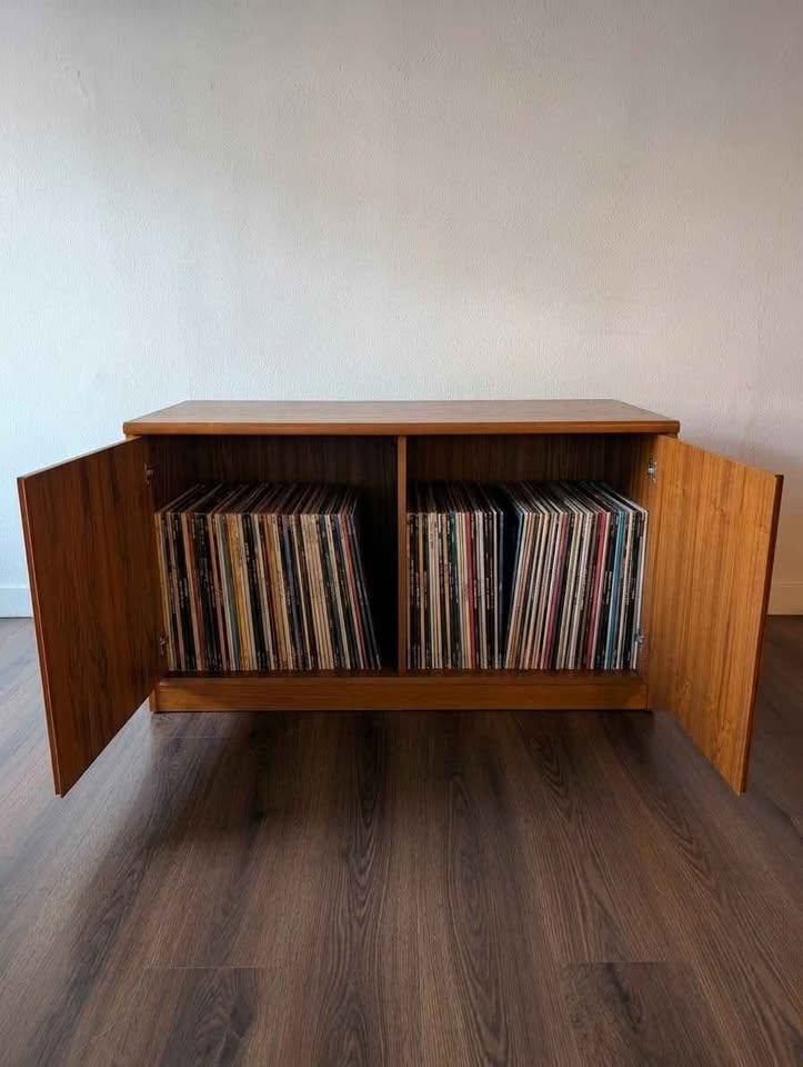Danish Modern Teak Record Player Credenza & Vinyl Storage