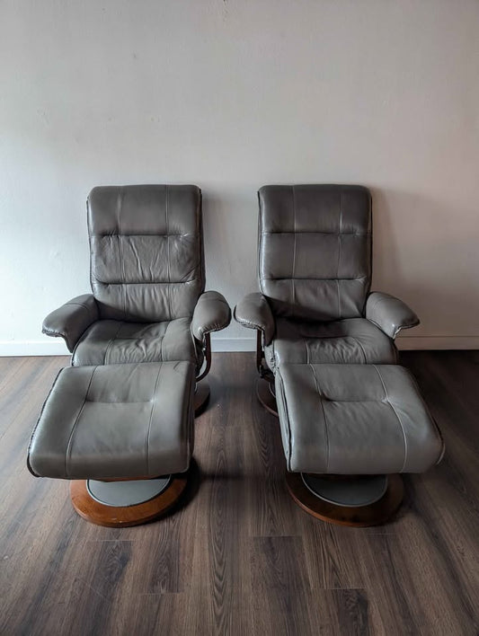 Pair of New Stressless Style Grey Leather Lounge Chair Recliners $795 Each