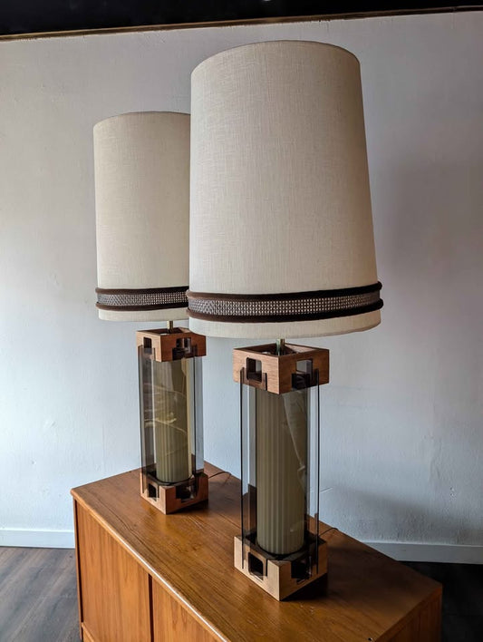 Pair of MCM Lucite & Walnut Lamps by Nova of California