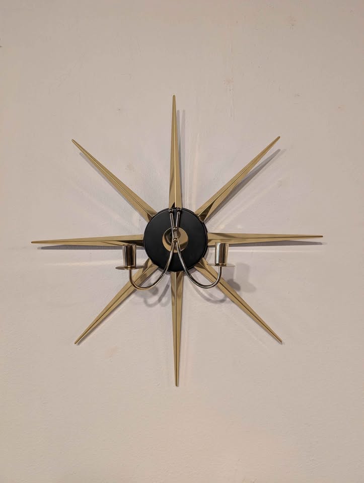 Set of 3 MCM Brass Atomic Starburst Clock & Candle Holders