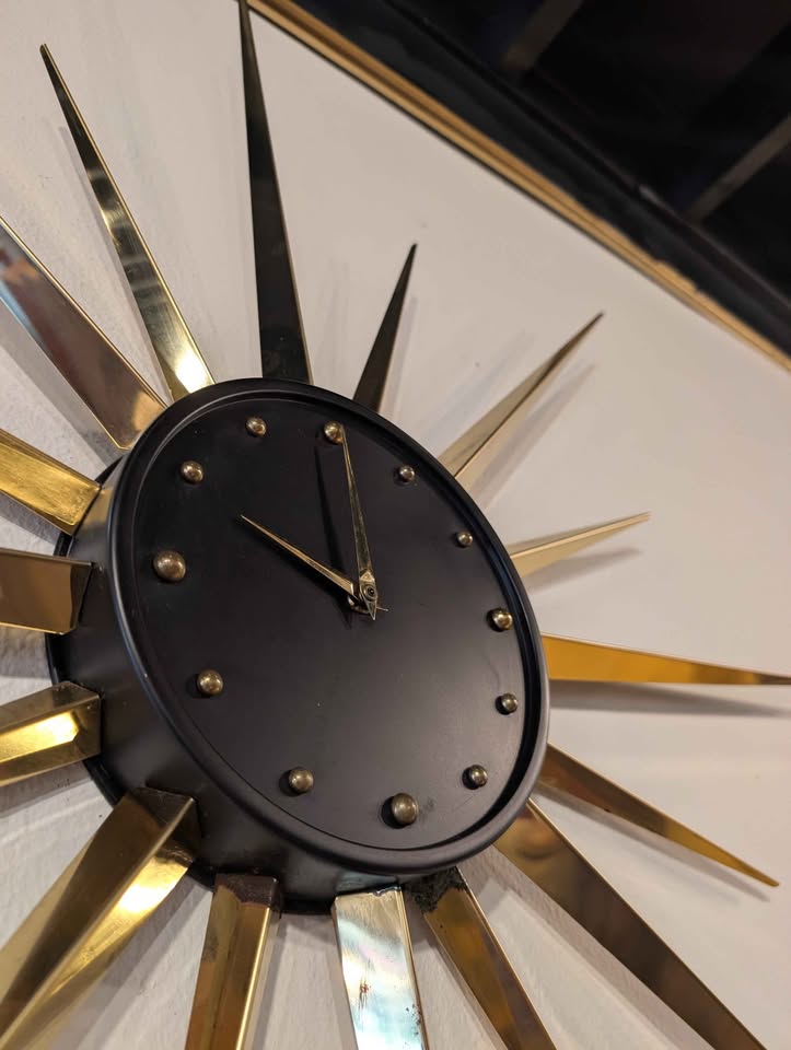 Set of 3 MCM Brass Atomic Starburst Clock & Candle Holders