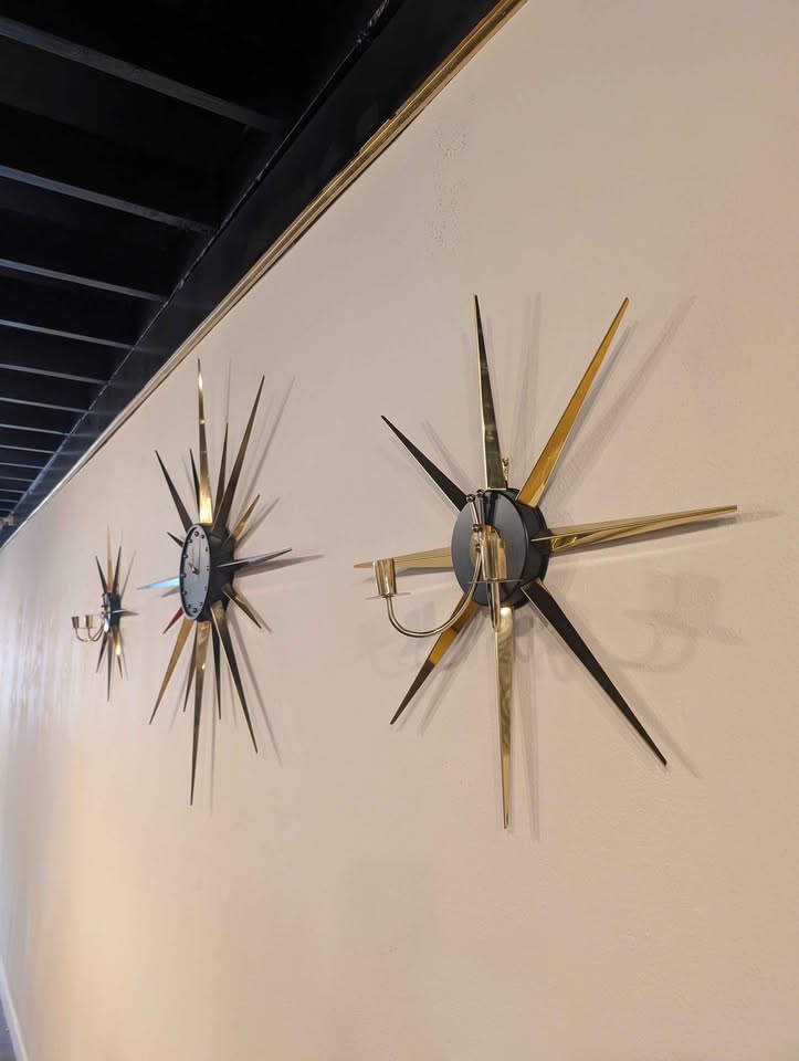 Set of 3 MCM Brass Atomic Starburst Clock & Candle Holders