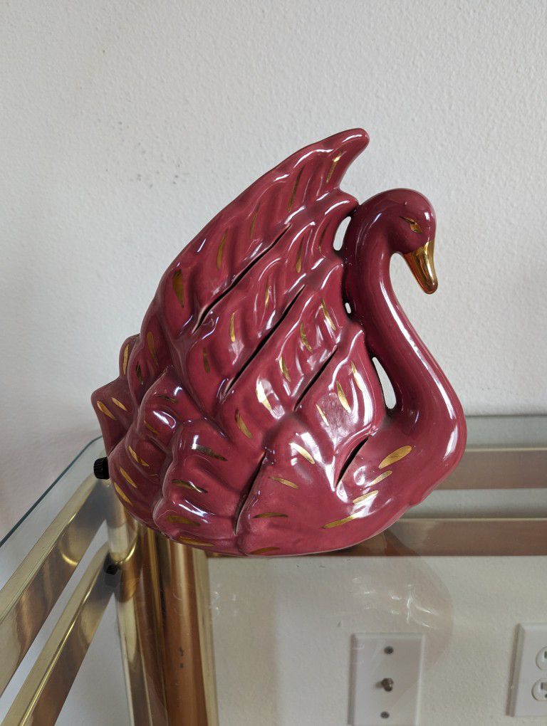 Mid Century Vintage Raspberry & Gold Ceramic Swan Table Lamp Statue