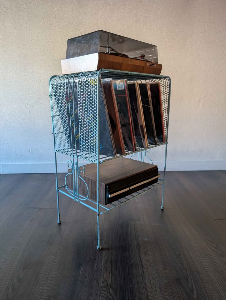 Vintage MCM Metal Record Player Stand & Vinyl Storage