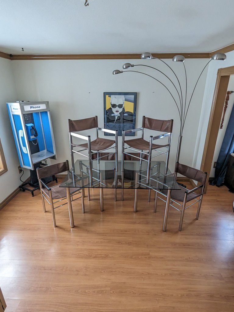 MCM Chrome Dining Table w/ Smoked Glass & 6 Sling Chair Set by James David Inc.