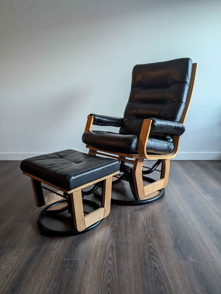 Black Leather Glider Rocker w/ Ottoman by Dutelier
