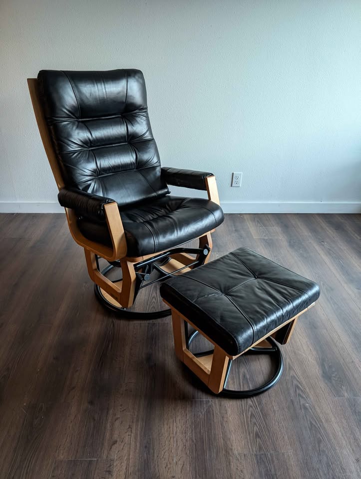 Black Leather Glider Rocker w/ Ottoman by Dutelier